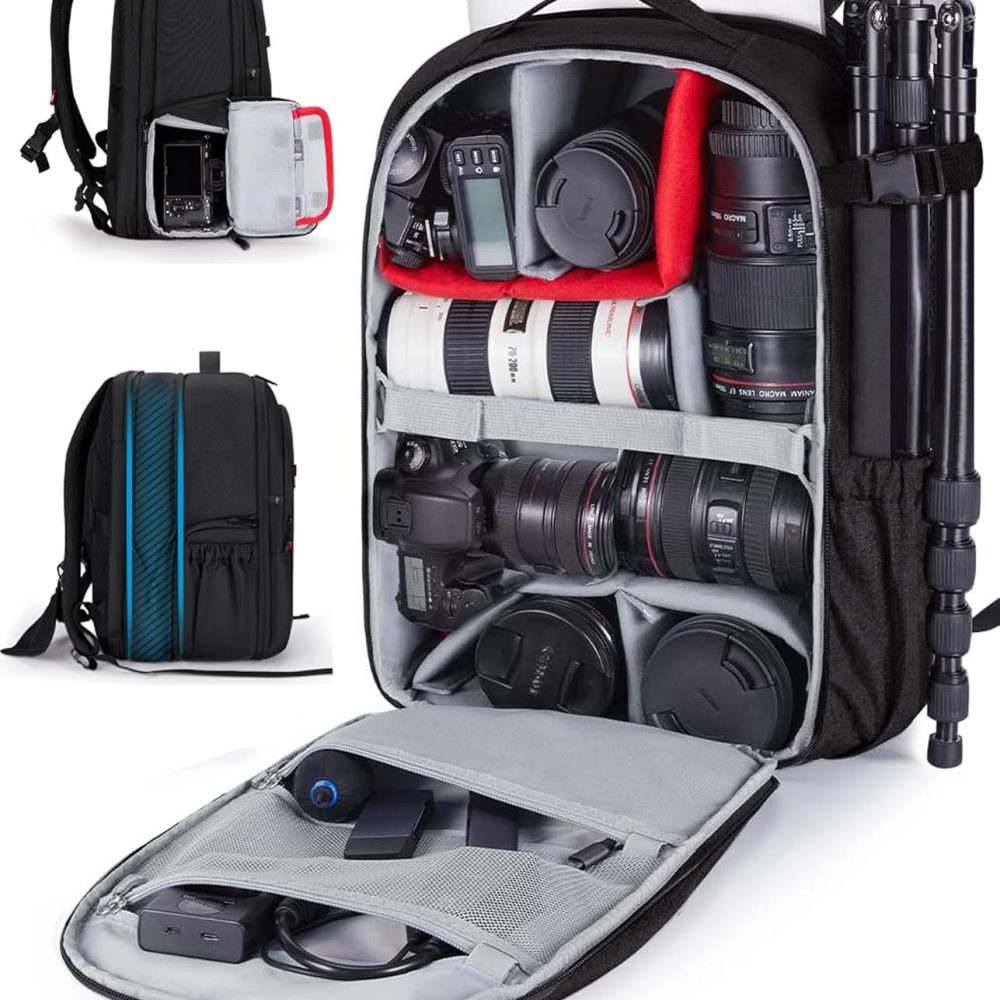 BAGSMART Camera Backpack, Expandable DSLR SLR Camera Bags for Photographers, Photography Travel Backpack with 15.6" Laptop Compartment, Rain Cover & Tripod Holder, Black